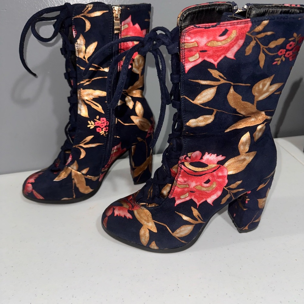 Blue and Pink Lace Up Boots with Chunky Heel